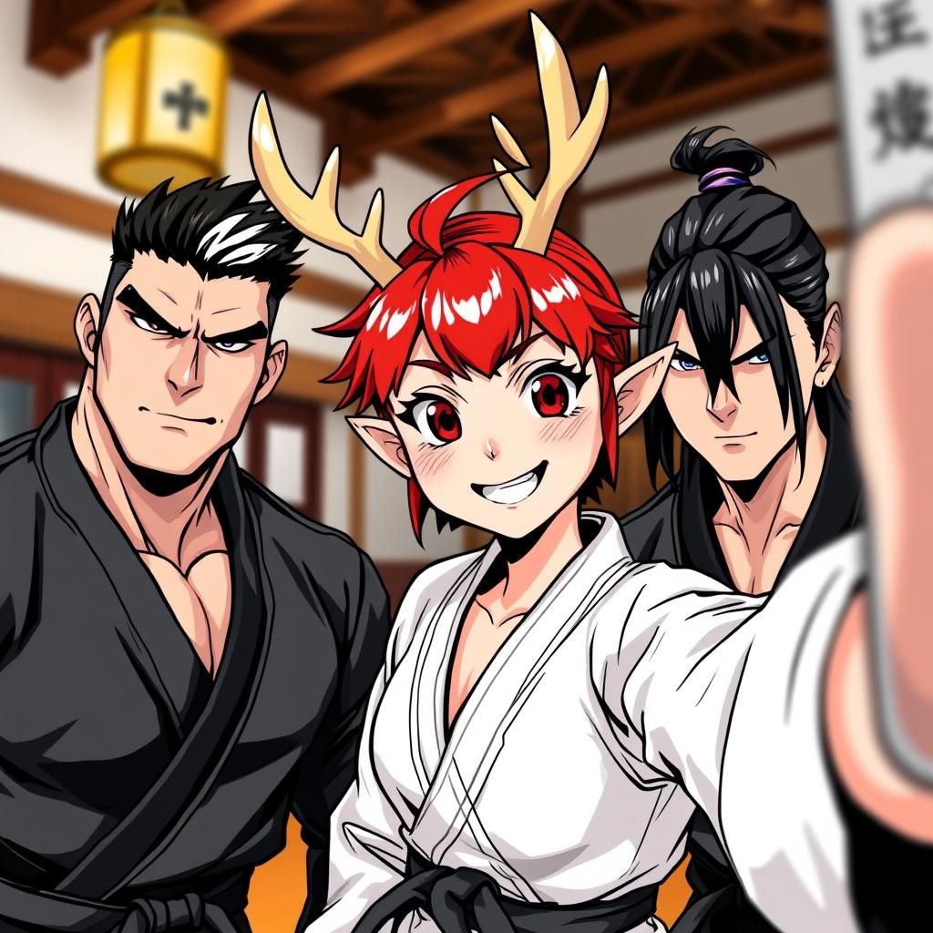 Anime Selfie in Dojo: Dynamic Trio in Digital Art Style
