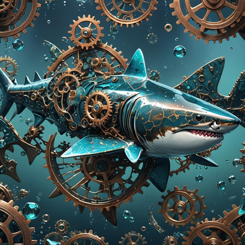 Mechanical Shark with Cogwheels in Glass: 4K Render