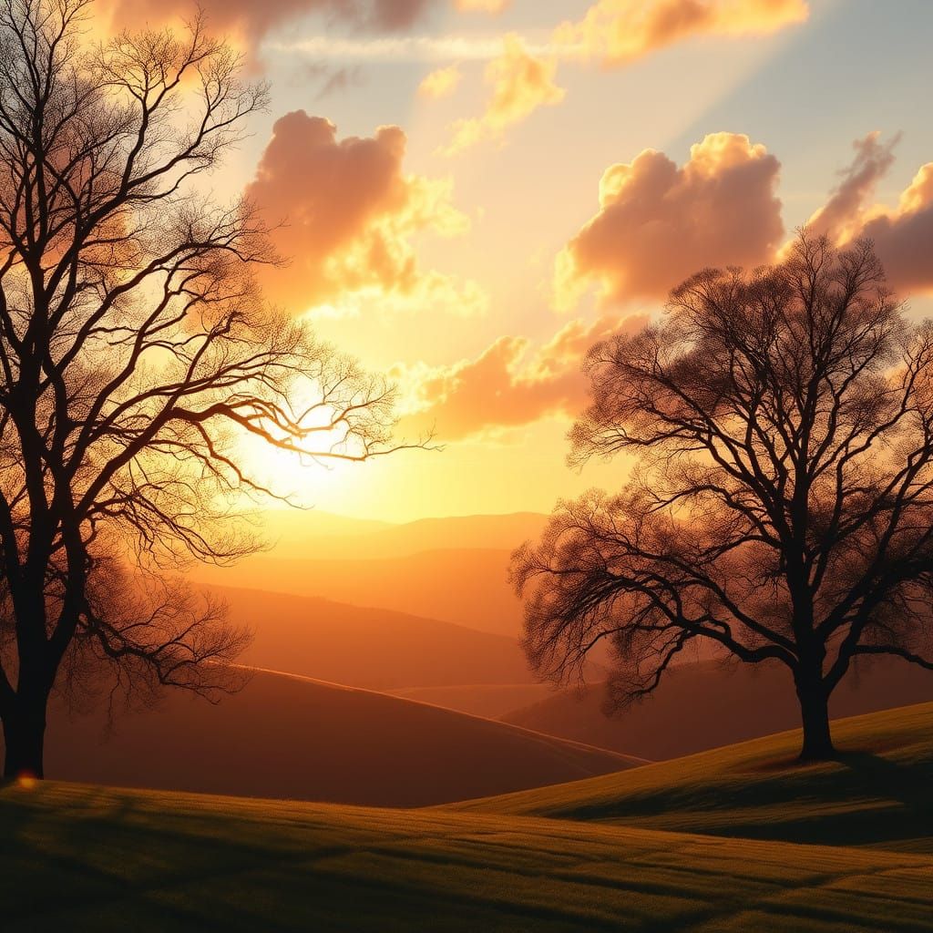 Serene Golden Hour Landscape with Silhouetted Trees and Drea...