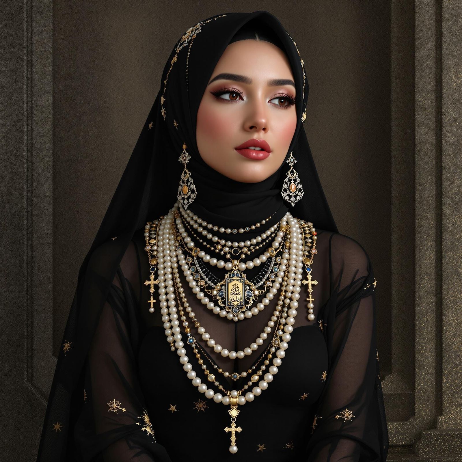 Asian Woman in Sheer Dress with Pearl Body Chain