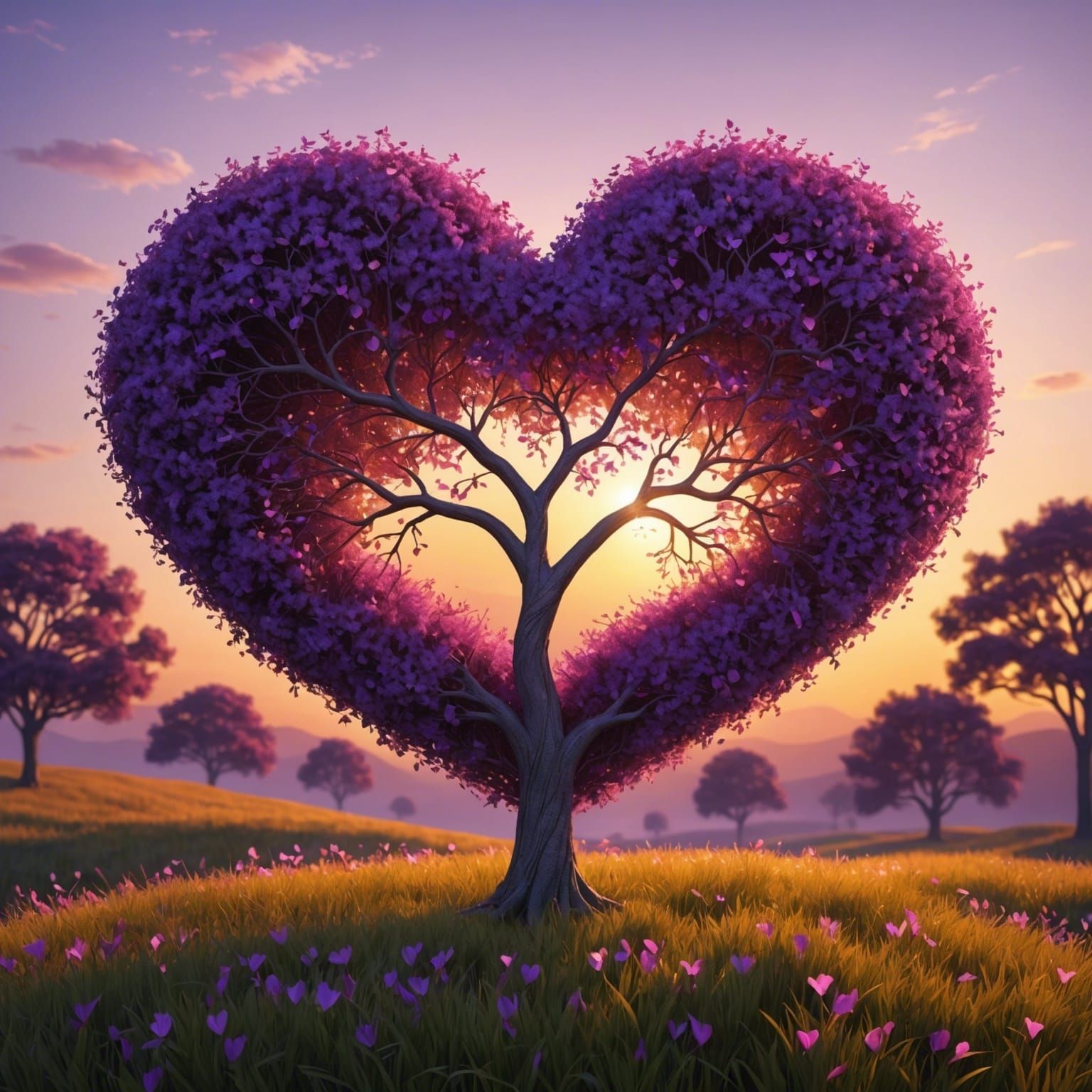 Heart-Shaped Tree with Sunset Glow in 3D Render