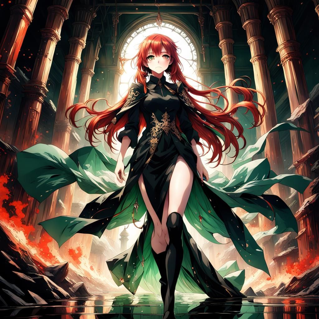 Anime Girl with Red Hair in Manga Style