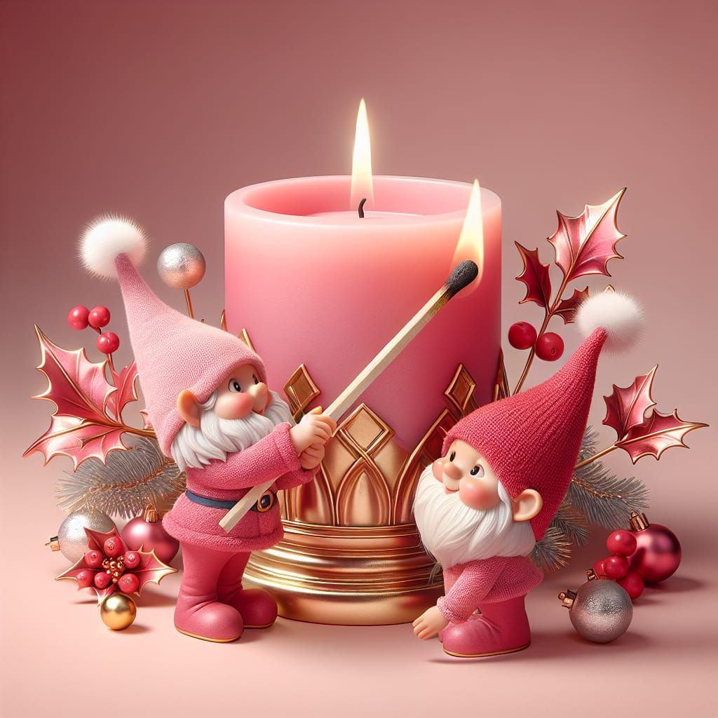 Festive Christmas Scene with Cheerful Pink Gnomes and Holly