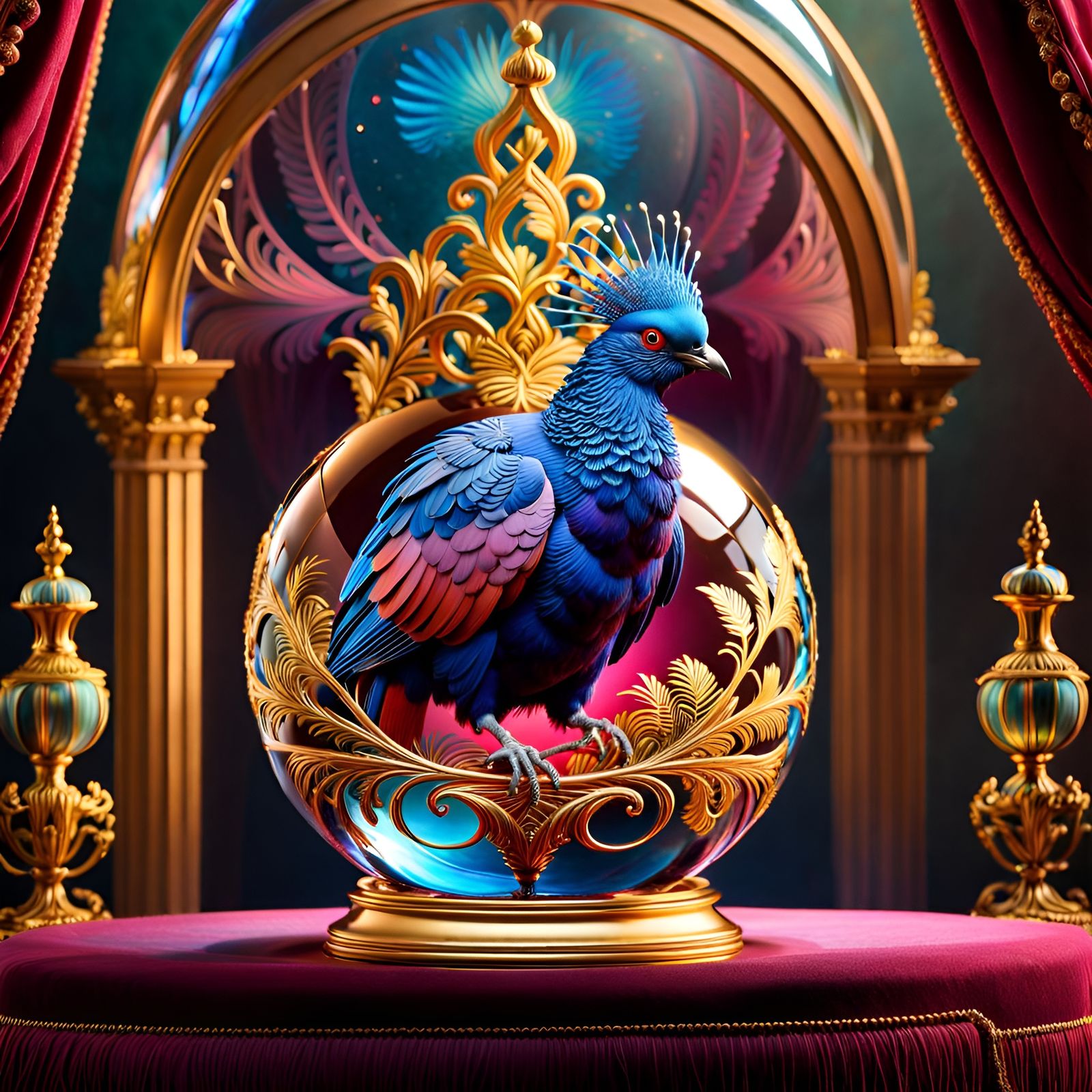 Victoria Crowned Pigeon inside Crystal Glass Sphere