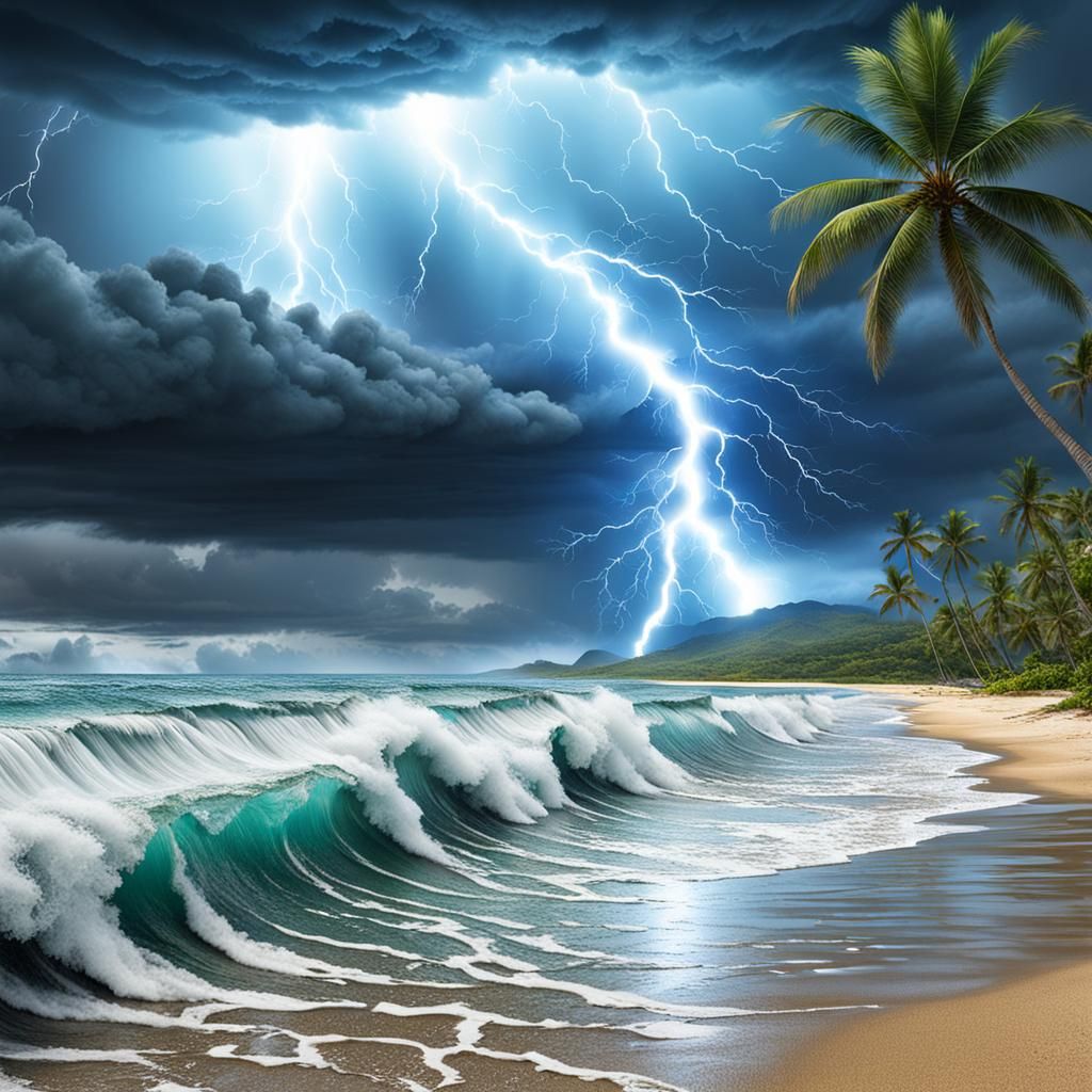 Hyperrealistic Tsunami Approaches Tropical Beach with Lightn...