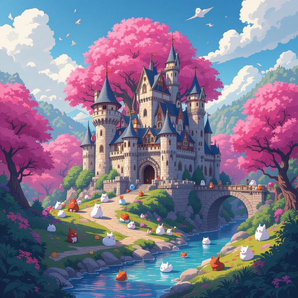 Whimsical Castle with Pink Trees and Cute Animals