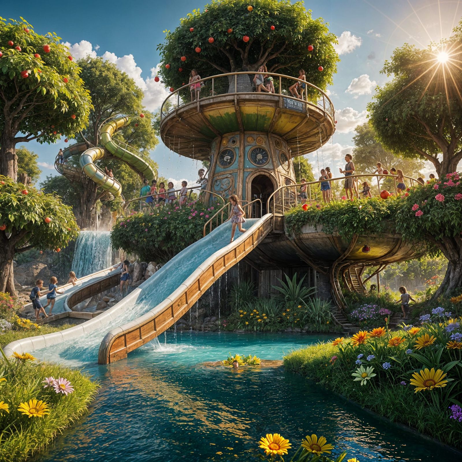 Whimsical Surreal Landscape with Giant Apple Waterslide