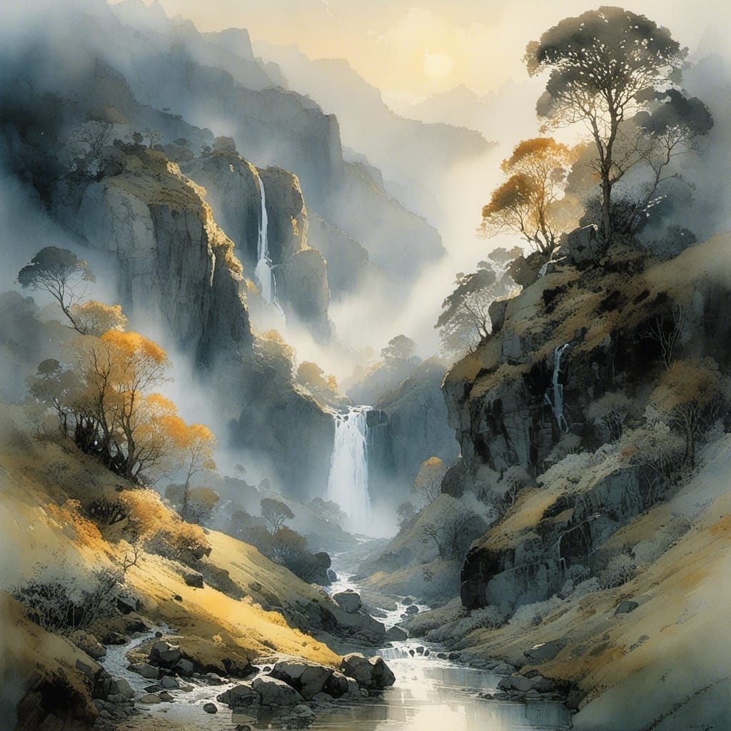 Foggy Valley Waterfall at Sunrise