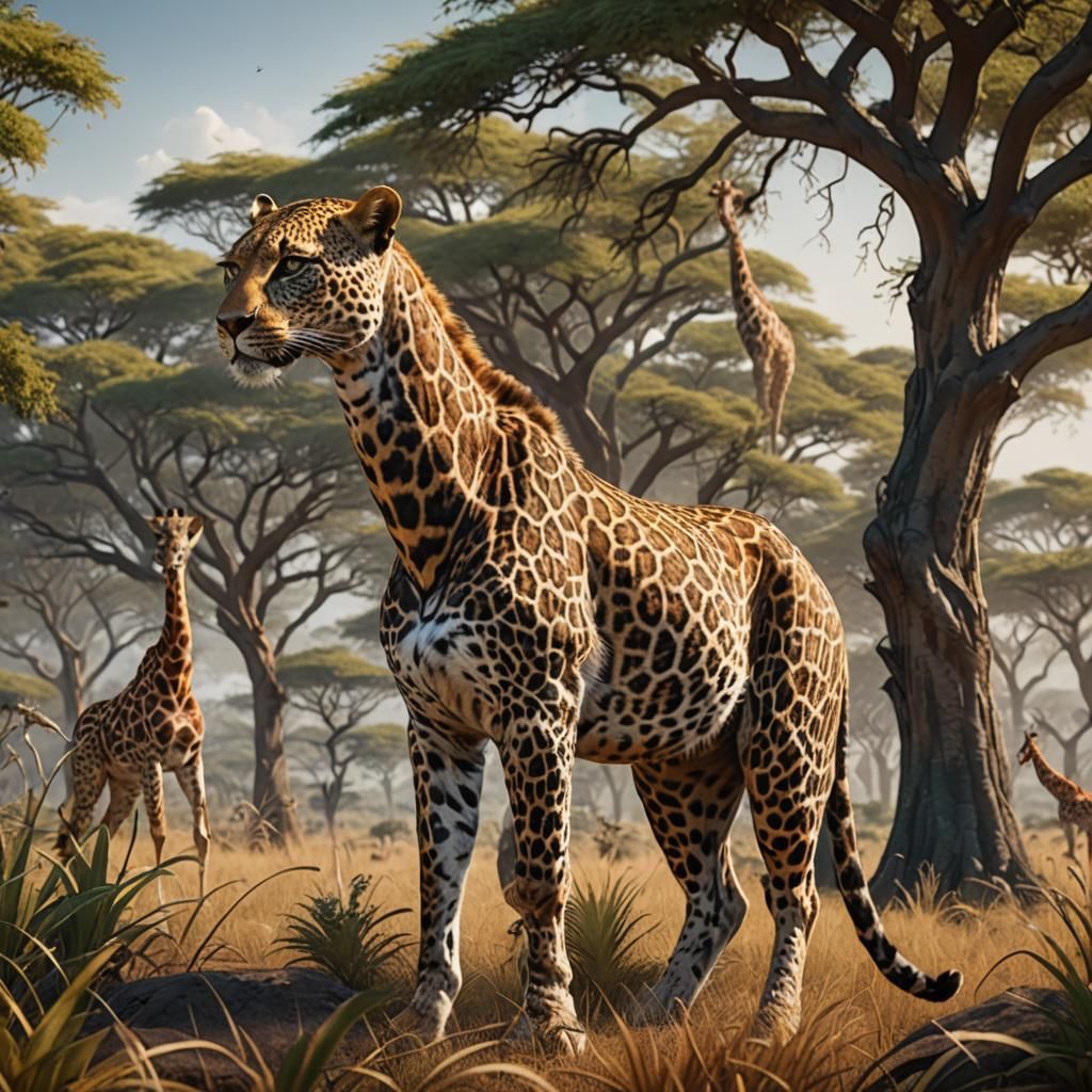 Leopard with Giraffe Neck in Savannah, Digital Art