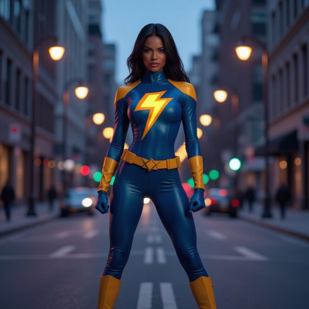 Black Superheroine in Blue & Yellow Costume