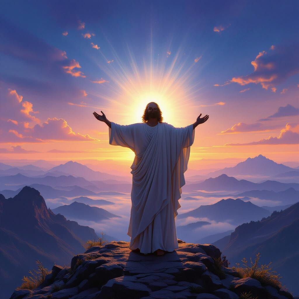 Spiritual Leader's Dawn Revelation on Mountaintop