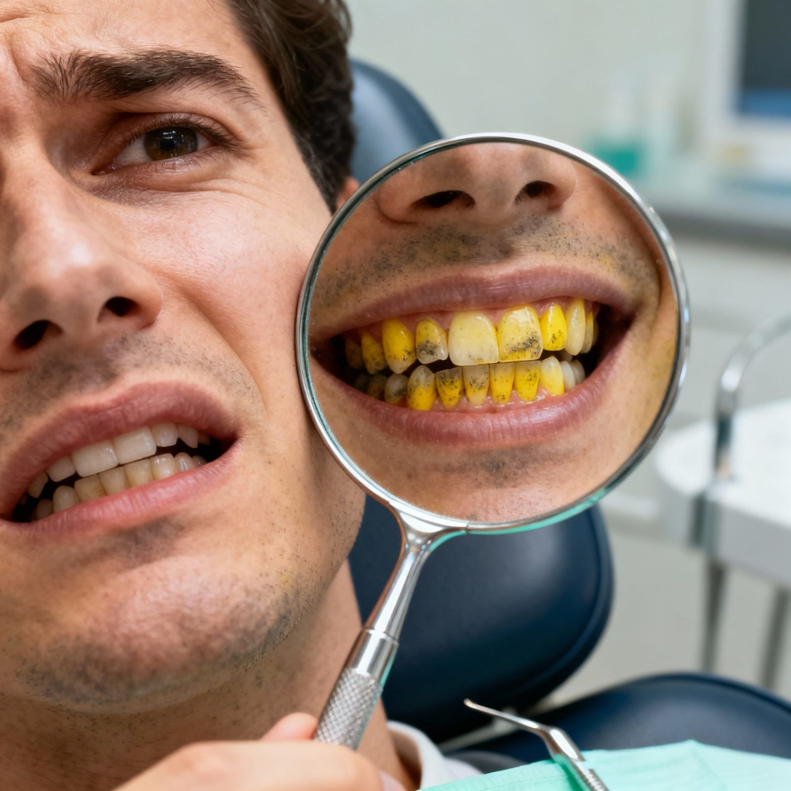 Hyperrealistic Dentist Visit: Yellow Teeth and Mirror Reflec...