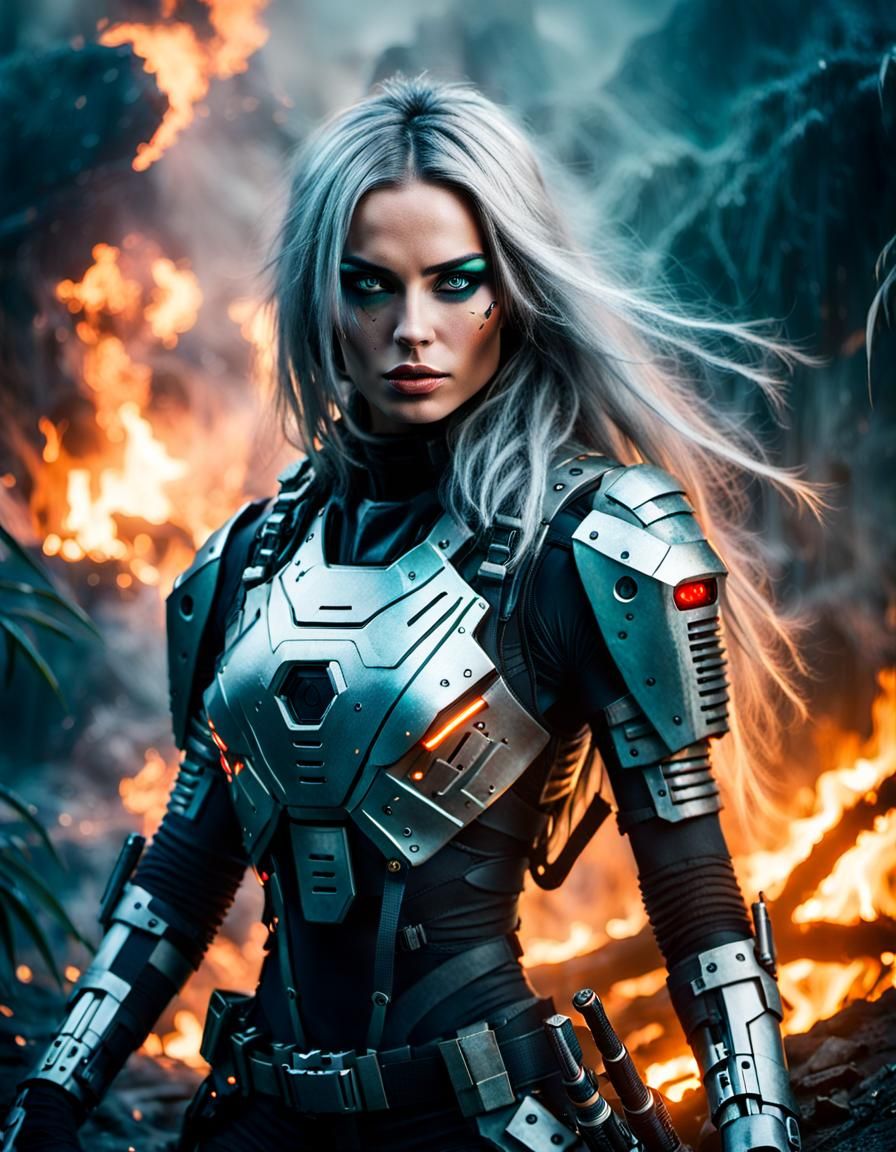 Cyber Warrior Woman with Laser Weapon in Smoky Jungle