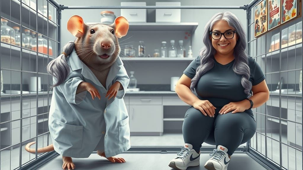 Photorealistic Scene of a Rat Observing Plus-Size Lab Techni...