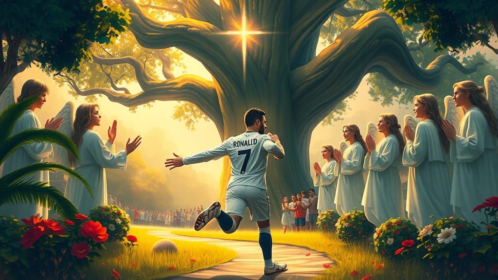 Ronaldo Embraces Jesus in Golden Illustrative Style