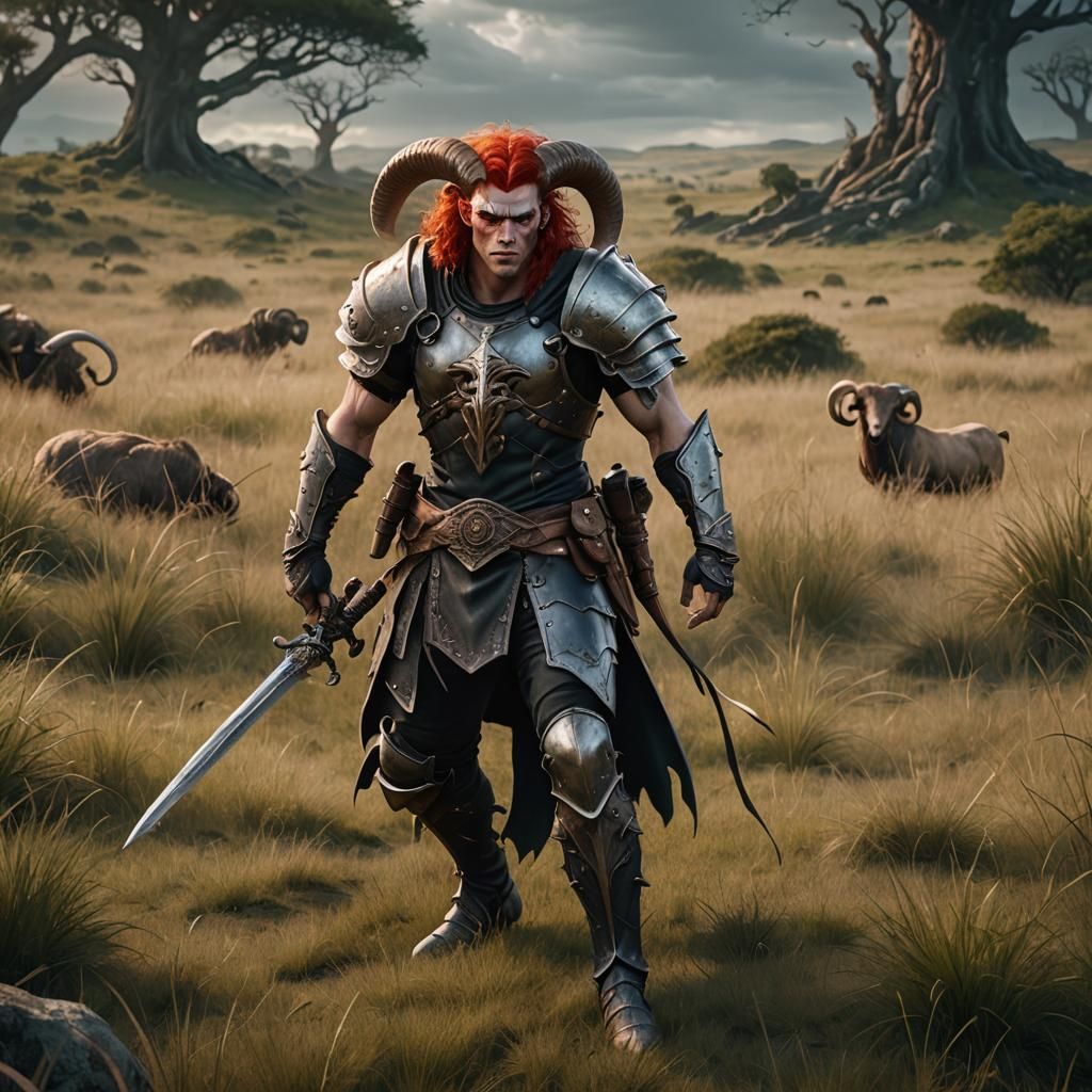 Young Man with Ram Horns in Grassy Field