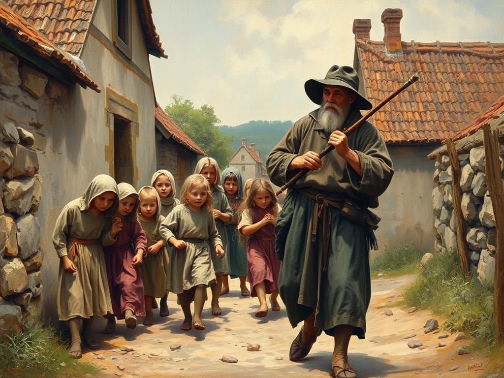 Impressionist Piper Leads Joyful Children From Village
