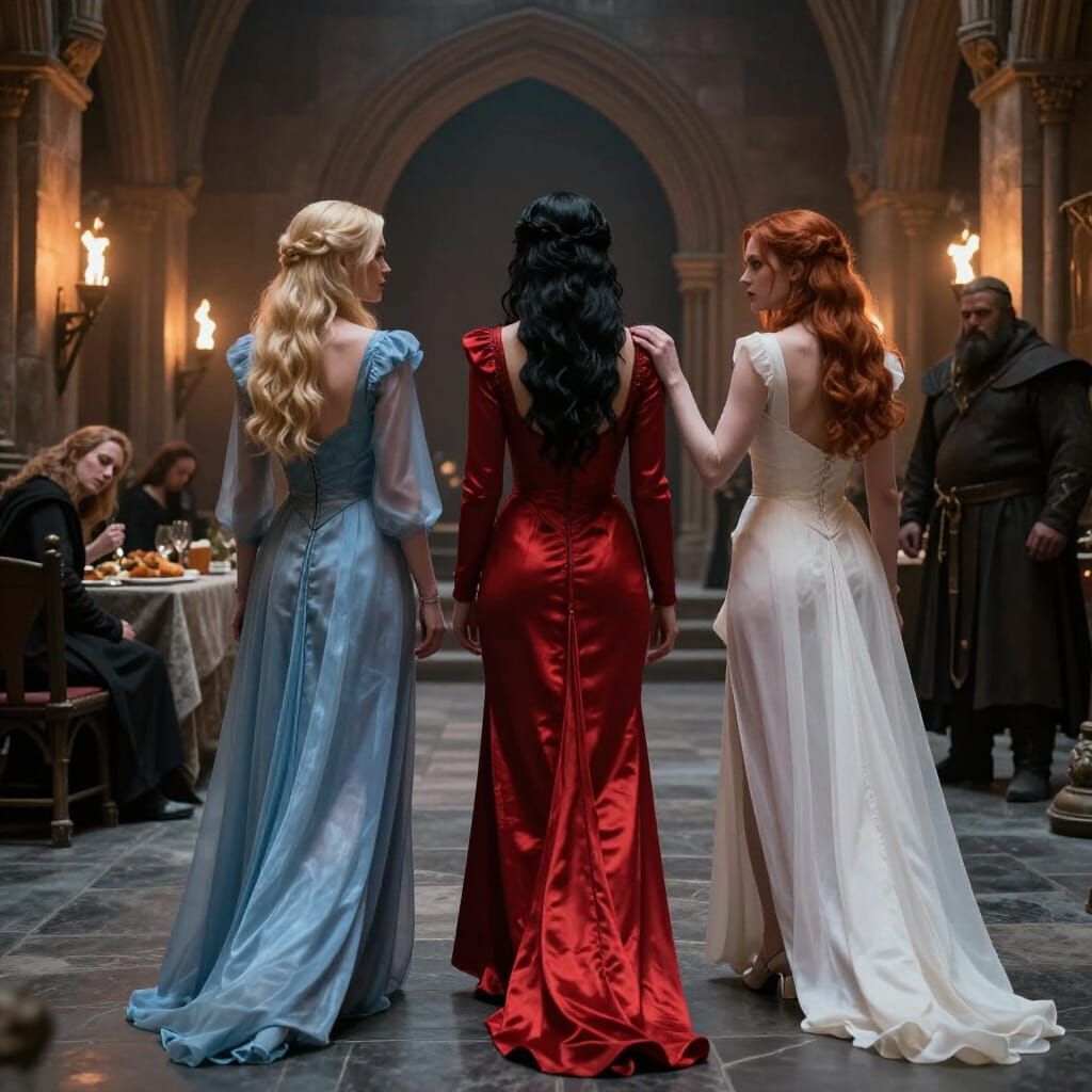 Medieval Hall Scene with Elegant Women and Warrior