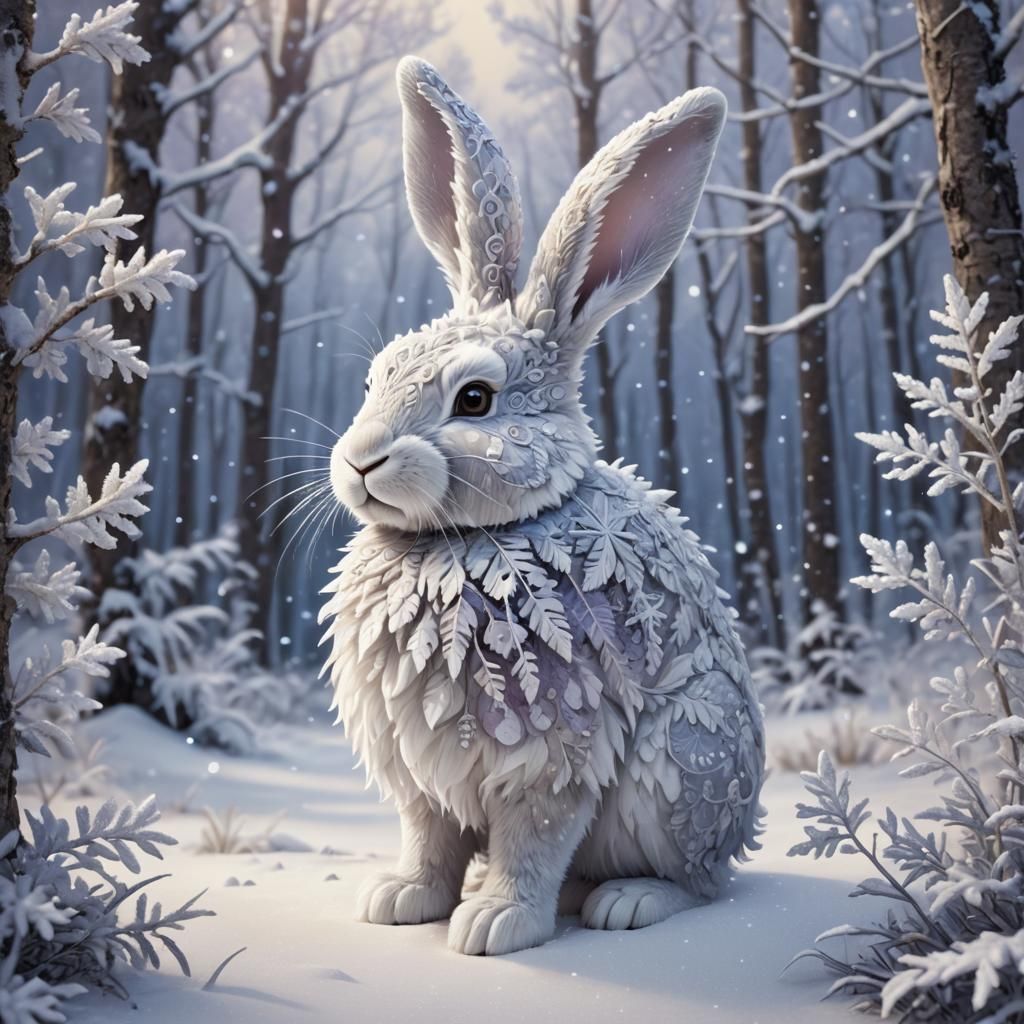 Snow Rabbit in Winter Wonderland: 3D Rendered Artwork