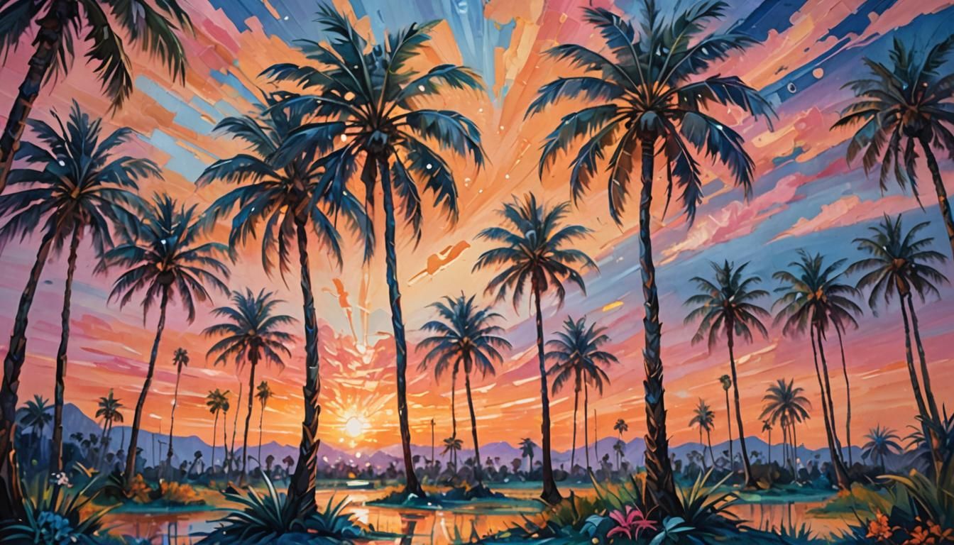 Palm Trees with Crystal Leaves, Impressionistic Painting