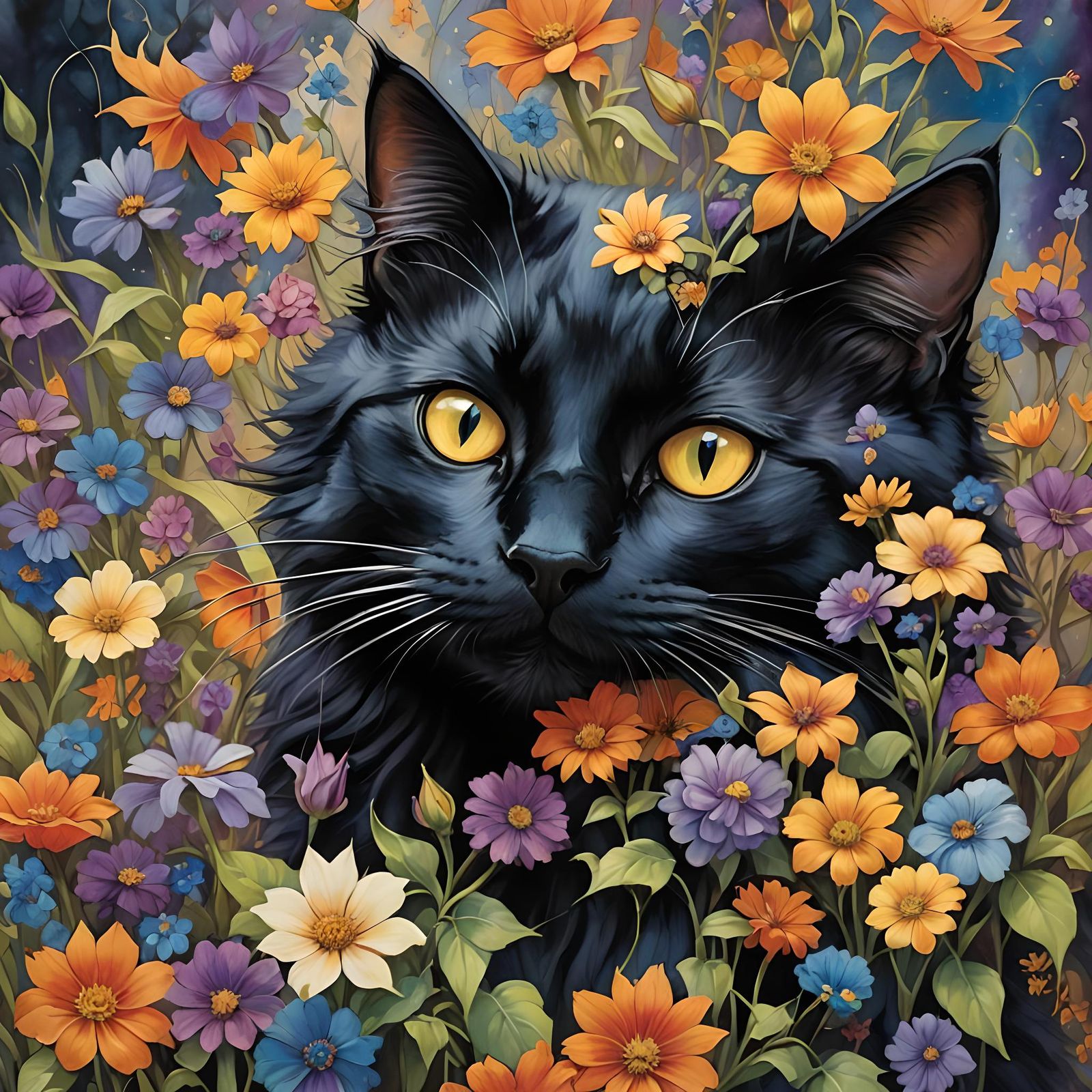 Black Cat Surrounded by Flowers T-Shirt Design
