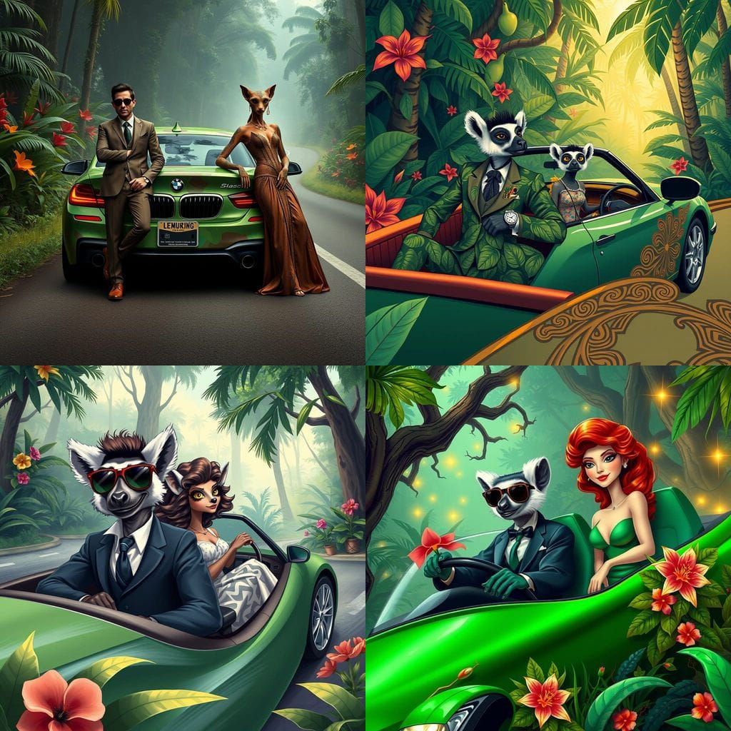 Humanized Indri Lemur Drives Through Vibrant Rainforest in C...