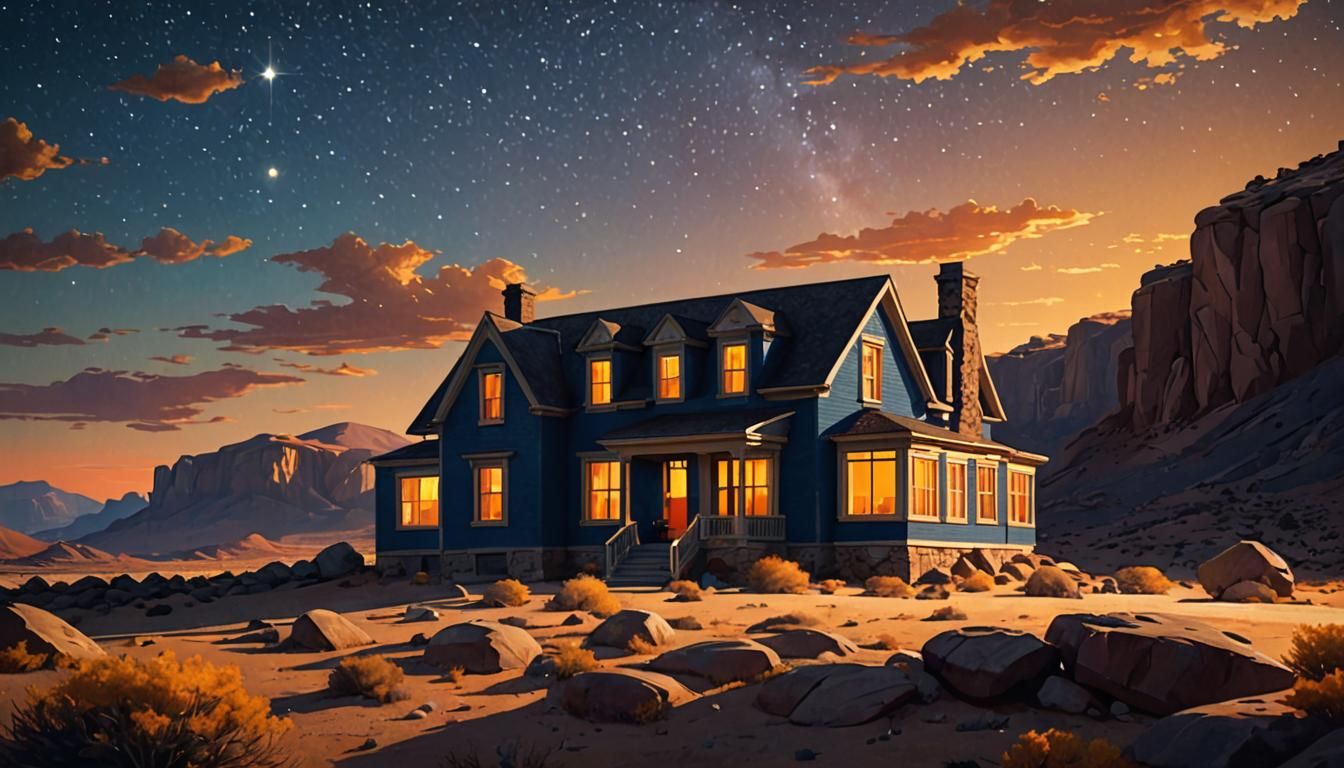 Desert House at Sunset in Hyperrealistic Style