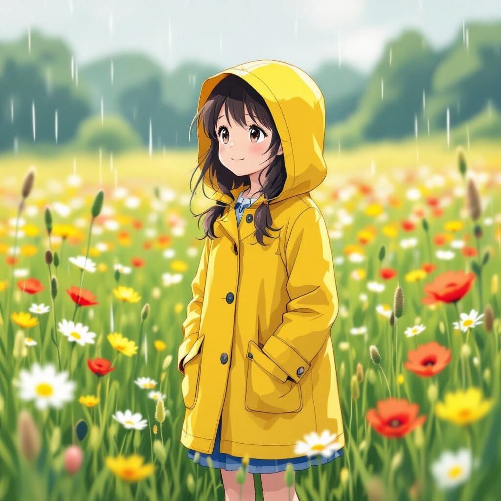 Anime Girl in Raincoat Amidst Summer Wildflowers