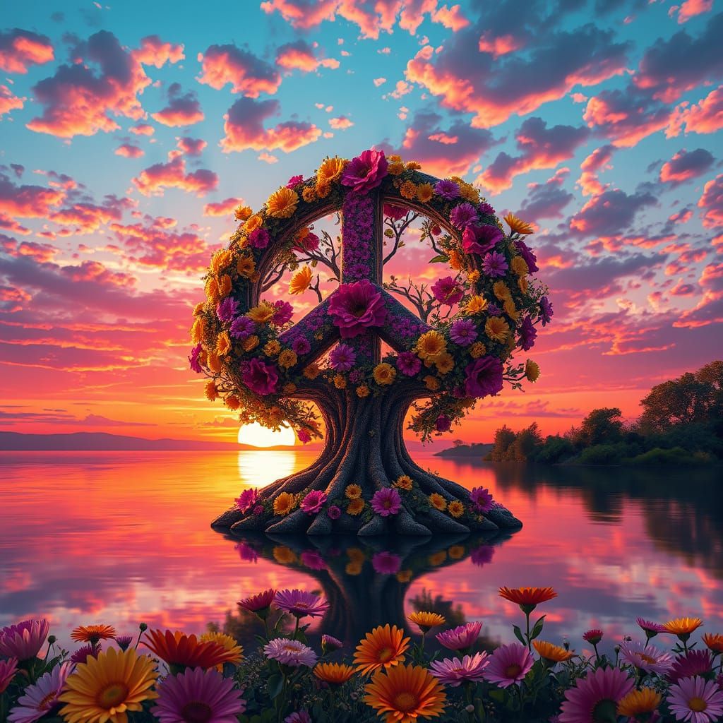A vibrant and colorful scene of a sunset with a large peace ...