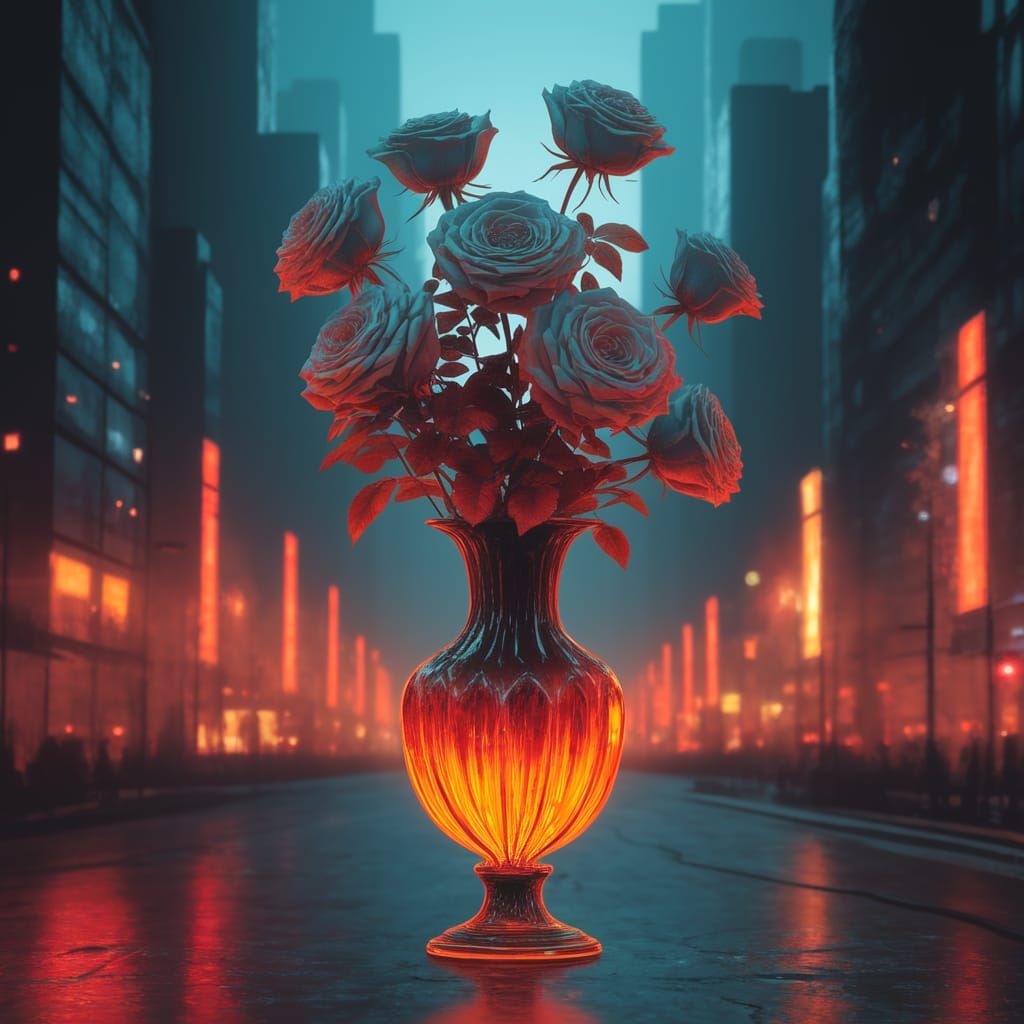 Elegant Vase Blooms in Dystopian Cityscape