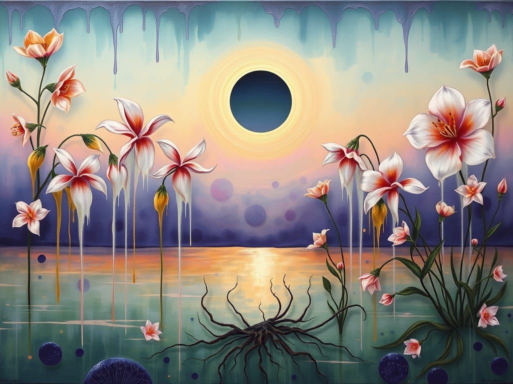 Surreal Garden at Twilight: Fluid Art