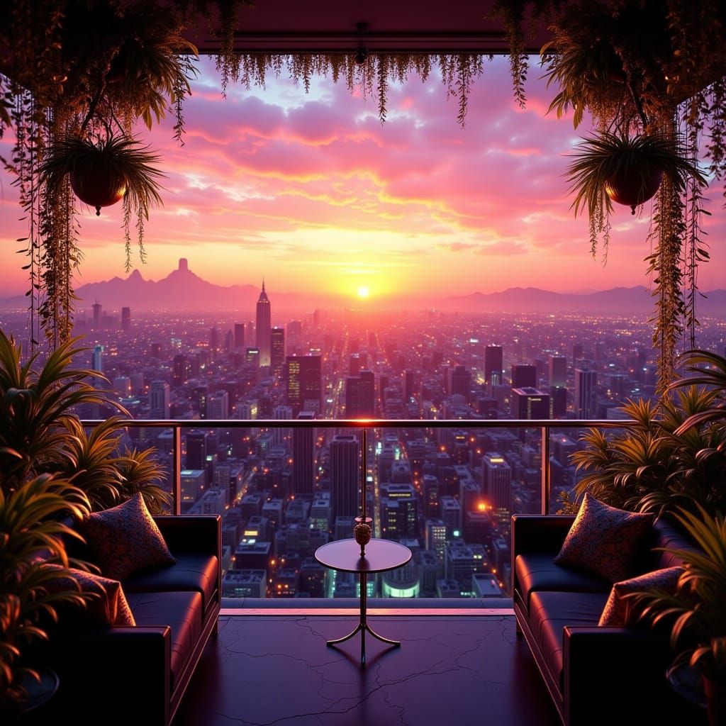 Sunset Over Southern California Cityscape from Luxury Balcon...