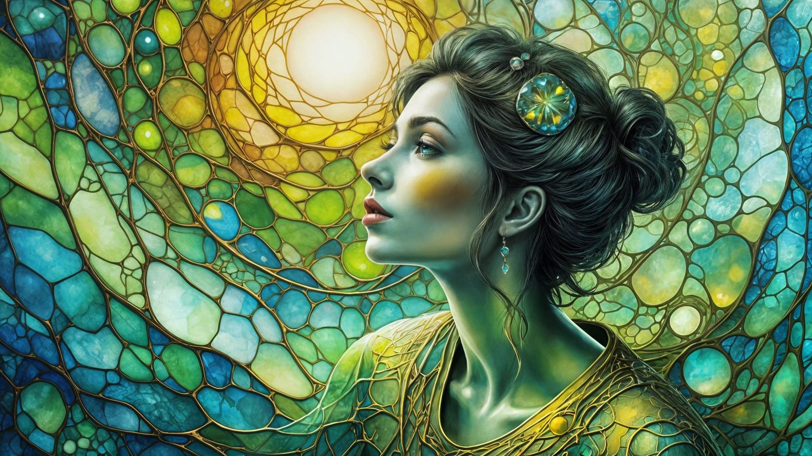 Lime Green Jewelry on Woman's Neck, Surreal Digital Art