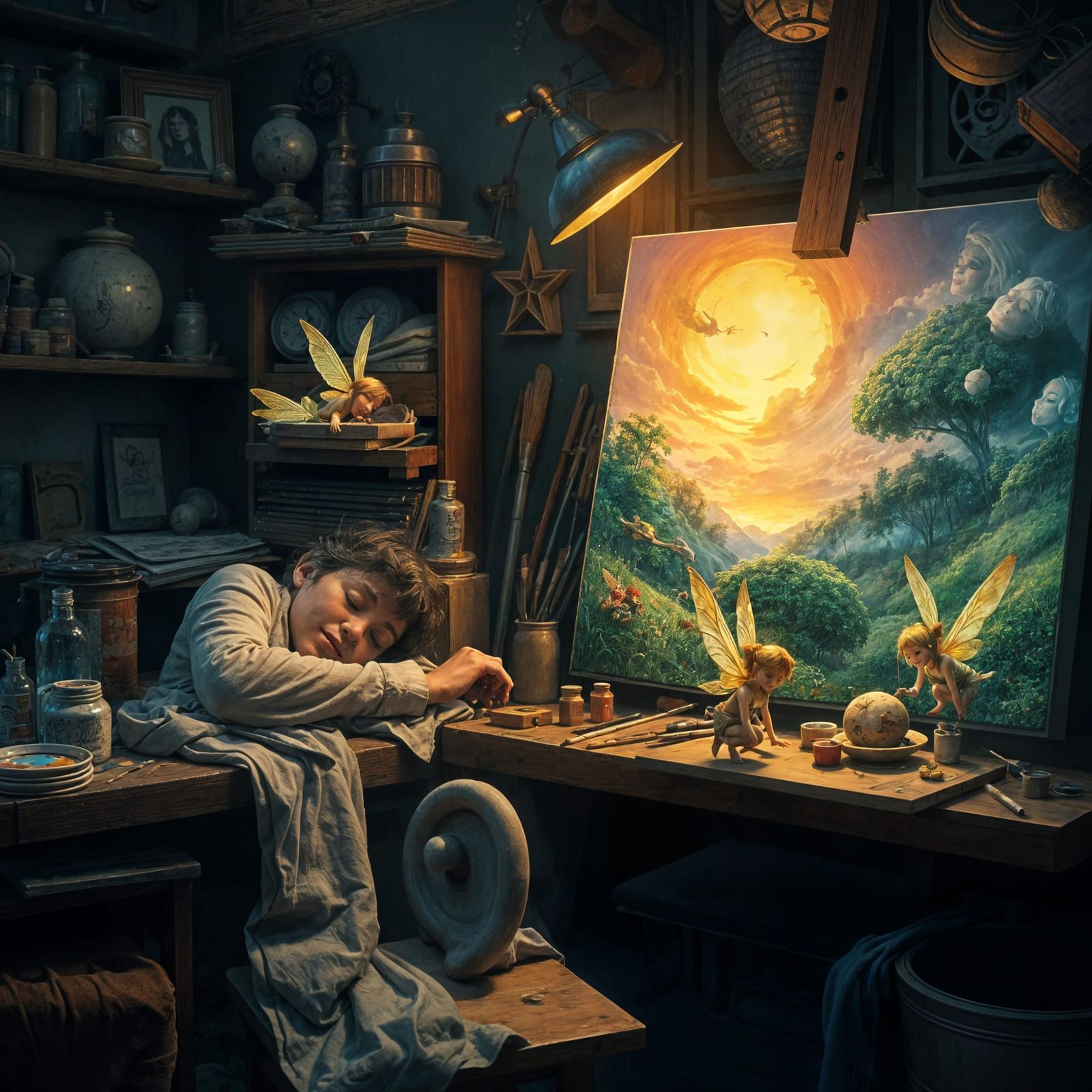 Fairies Paint While Artist Sleeps in Studio