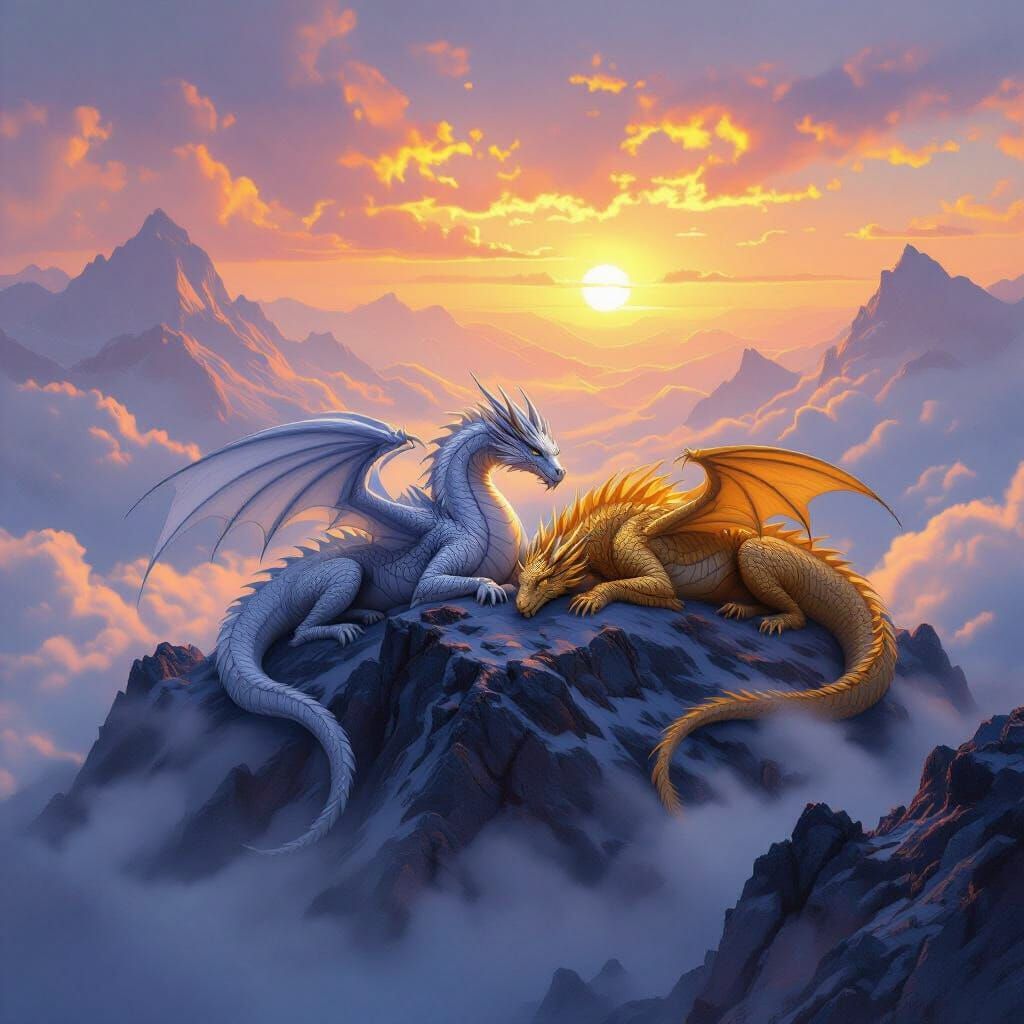 Silver and Gold Dragons Sleep on Misty Mountain Peak at Sunr...
