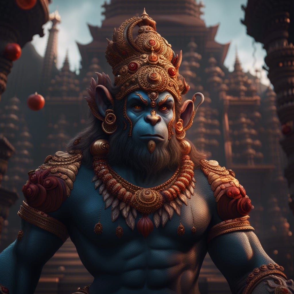Detailed Matte Painting of Hanuman in Deep Color