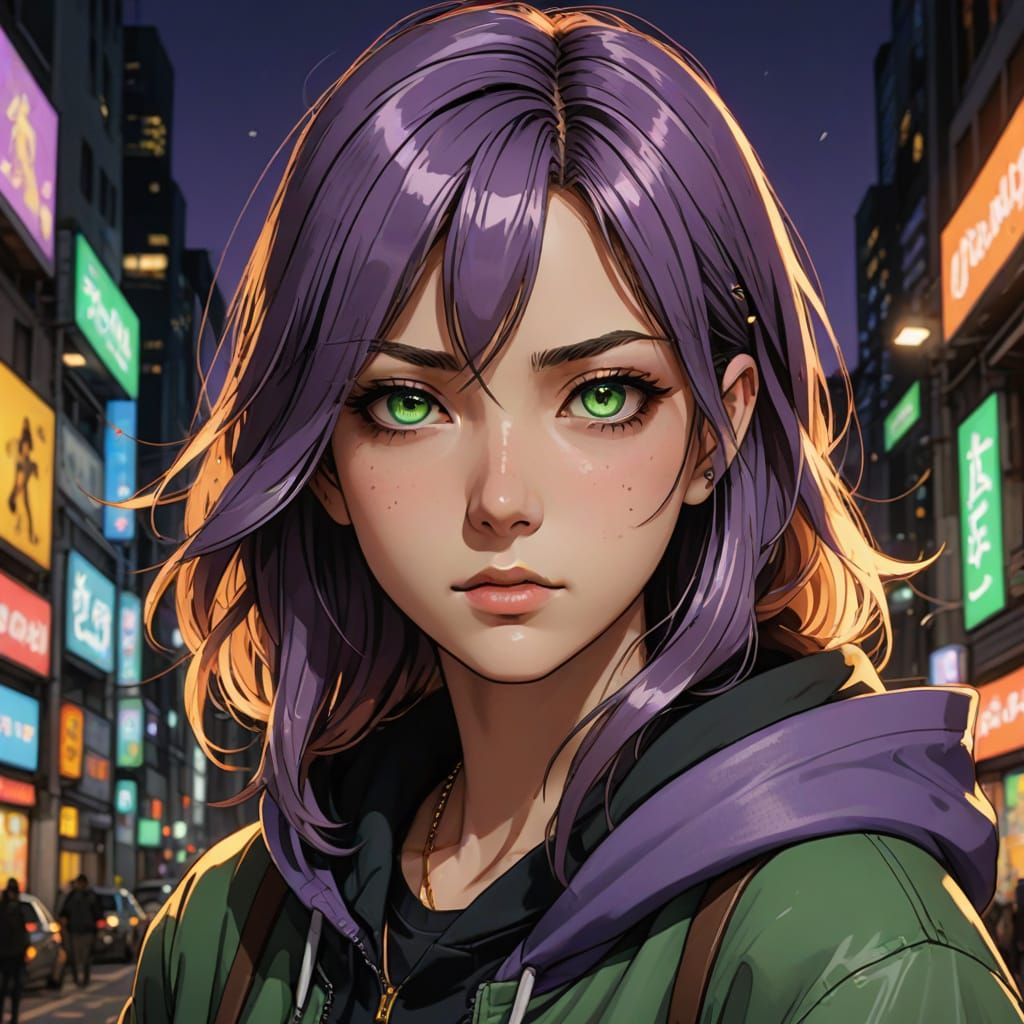 Anime Girl with Vibrant Purple Hair and Hazel Eyes