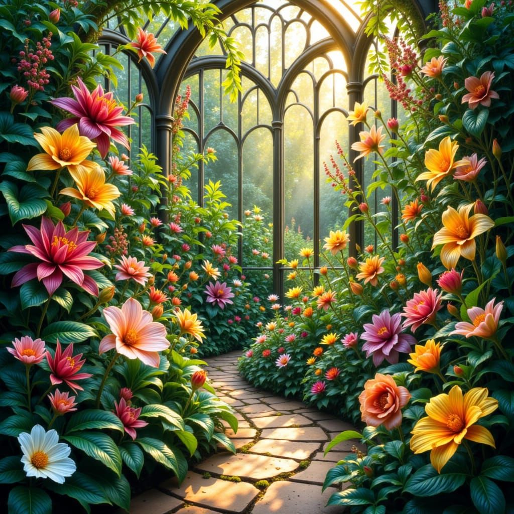 Enchanted Greenhouse Alive with Vibrant Magical Flora