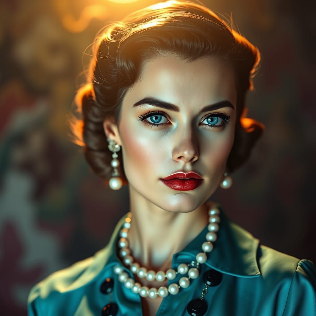Vintage Glamour Woman in Teal Blouse with Pearl Jewelry