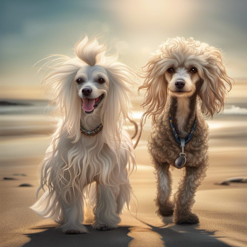 Cartoon Dogs on the Beach: Chinese Crested and Poodle