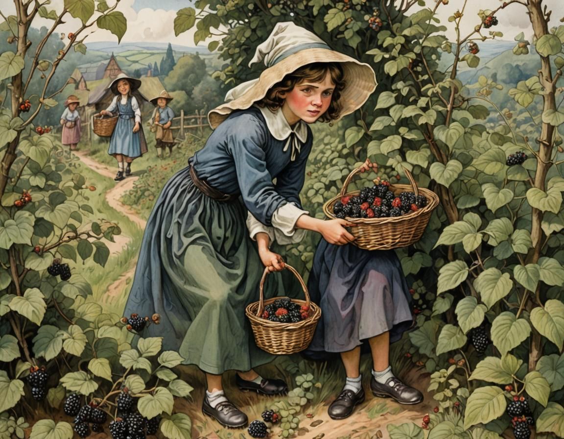 Witch Glaring at Blackberry Pickers: Fairy Illustration