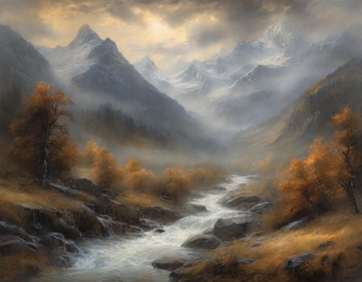 Misty Mountain River Landscape in Hyperrealistic Style