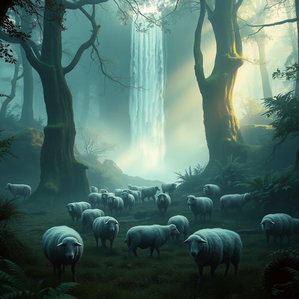 Fantastical Forest Landscape with Serene Waterfall and Grazi...