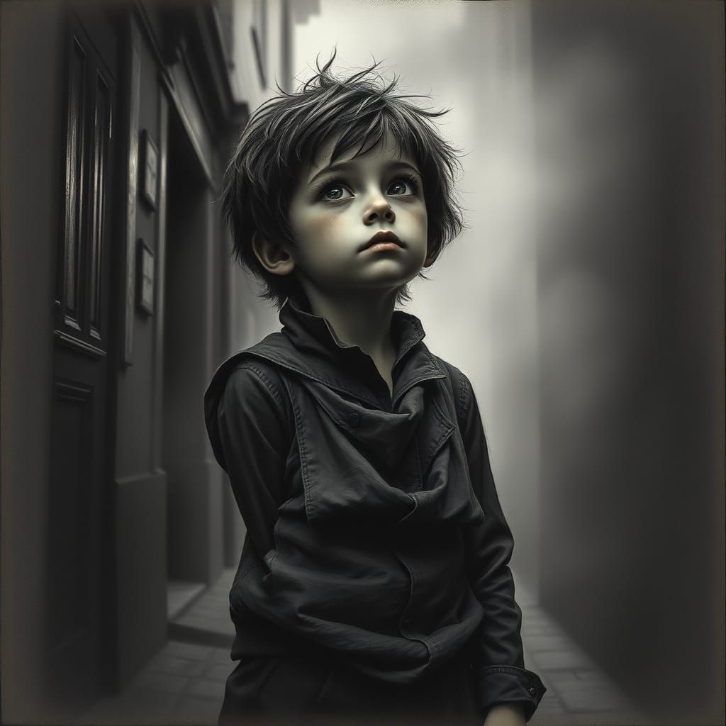 Victorian Era Street Urchin in Charcoal Drawing Style