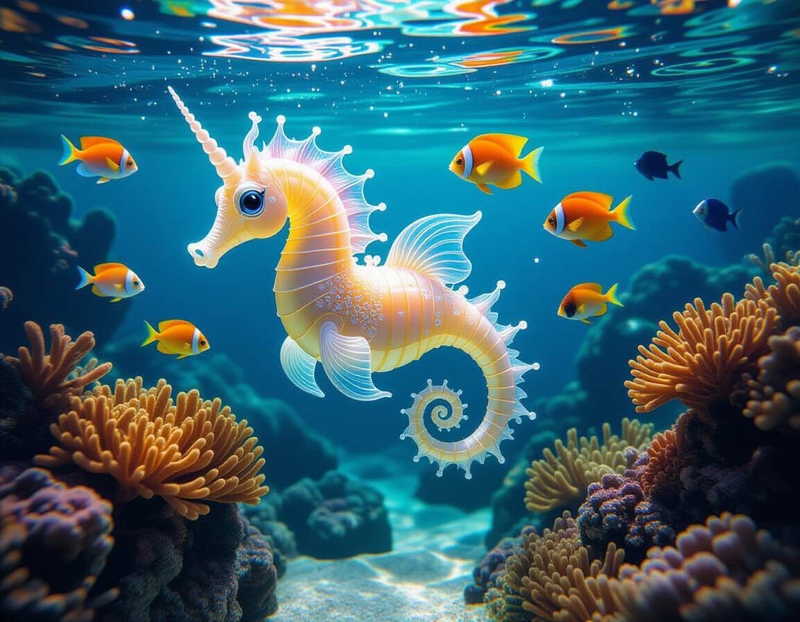 Enameled Seahorse in Glass Coral Reef Aquarium