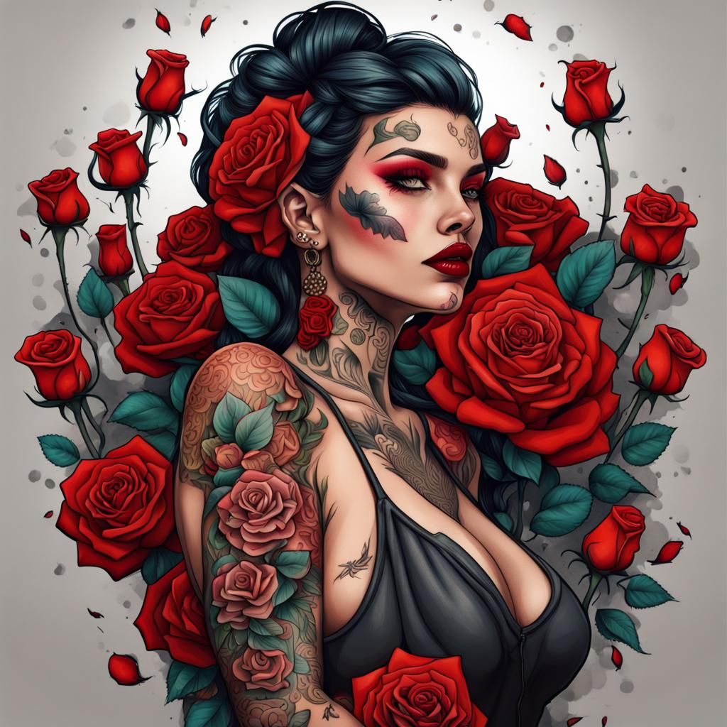 Edgy Lady with Roses: Detailed Concept Art