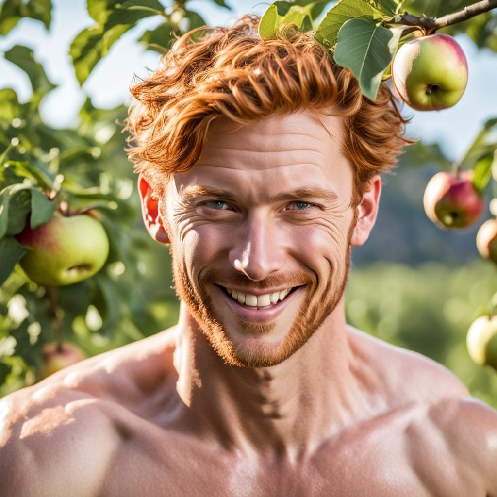 Handsome Redhead Farmer Wipes Sweat in Apple Orchard