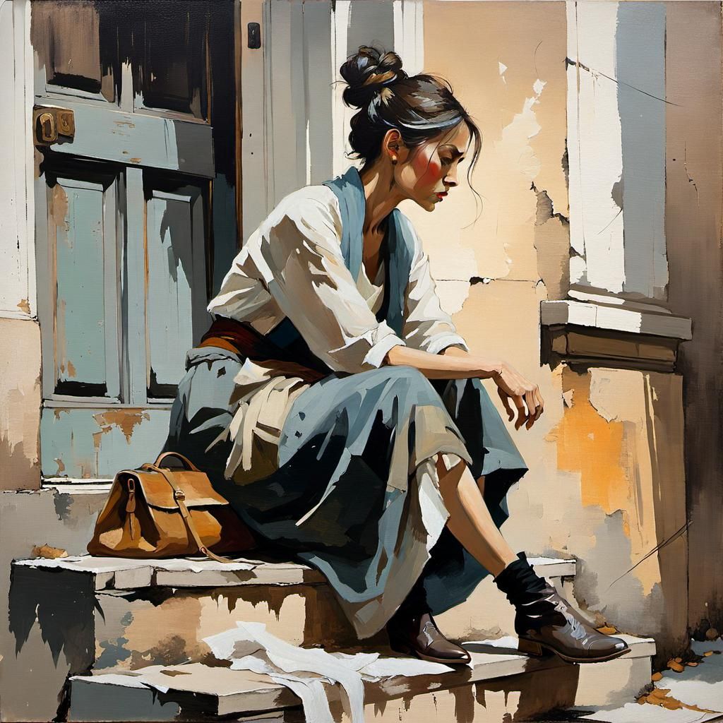 Melancholic Woman on Doorstep: Oil Painting