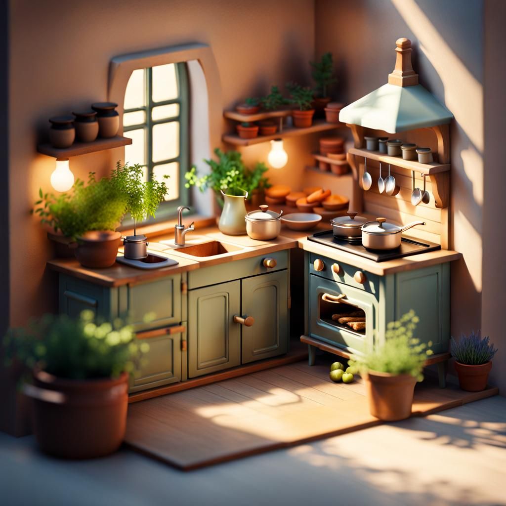 Cute Isometric French Village Kitchen in 3D