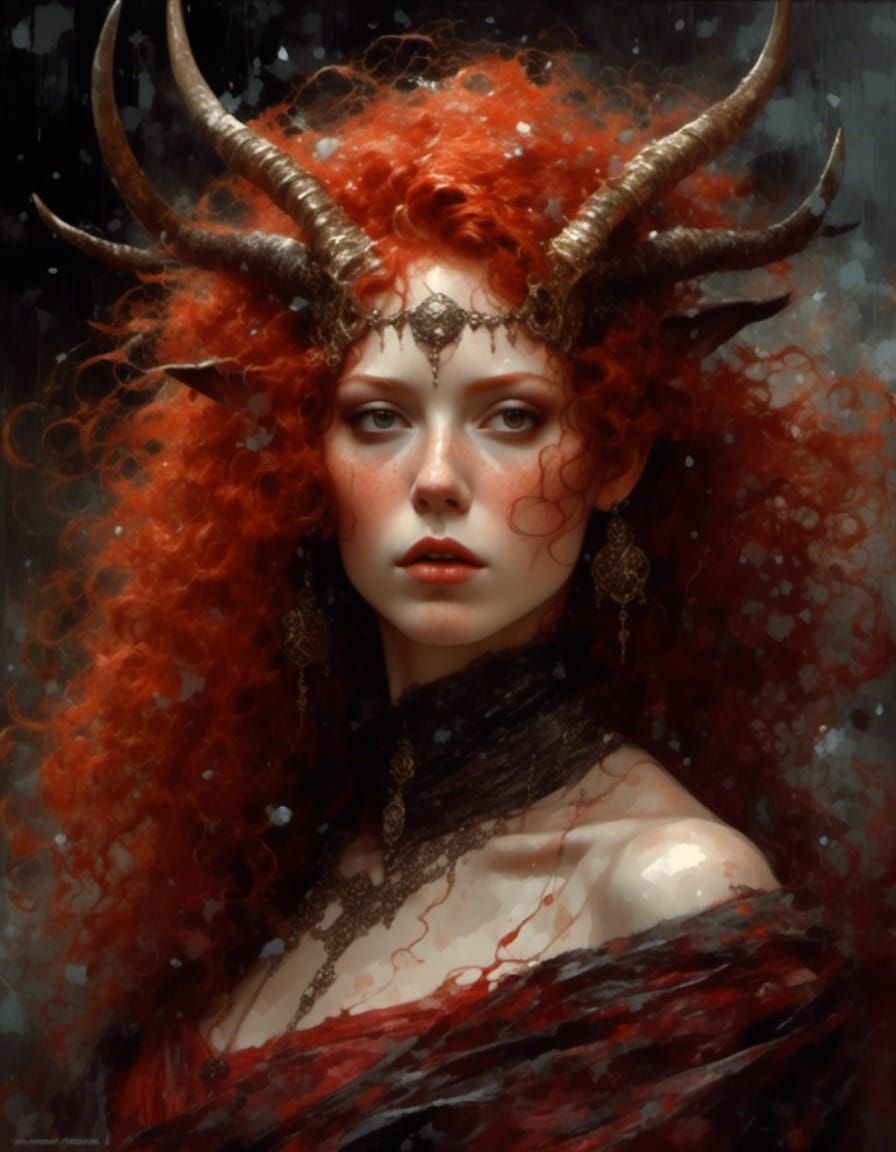 Red-Headed Horned Goddess in Storm, Hyperdetailed Digital Ar...